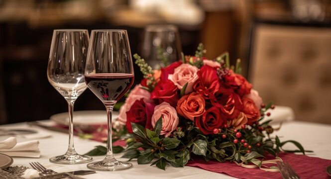 Romantic date setup with two wine glasses and vibrant flower bouquet on a dinner table