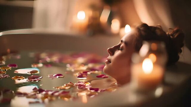 Therapy stress release treatment, health lifestyle. In this image we can see a woman lies in a bathtub filled with water and rose petals. The background is blurred.