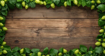 Fototapeta premium Rustic wooden texture background with green hops border and copy space