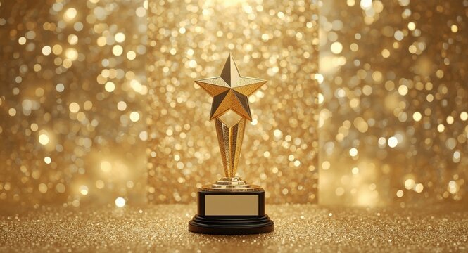 Golden star shaped trophy presented on pedestal with glittered gold backdrop illustrating remarkable achievement recognition