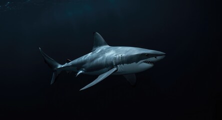 Obraz premium Magnificent great white shark swimming with elegance through deep dark seas