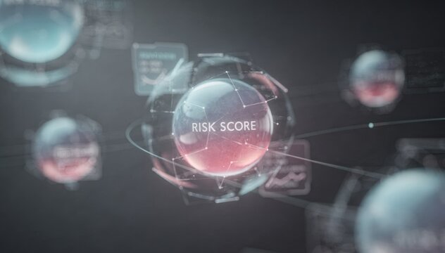 Medium shot of a risk assessment model updating loan terms dynamically focusing on a central risk score widget with diffused surrounding metrics.
