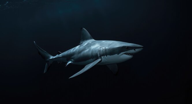 Magnificent great white shark swimming with elegance through deep dark seas