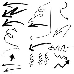 Fototapeta premium Set of rough sketch directional pointers and hand-drawn arrow symbols in a black marker style, isolated on white, perfect for UI design, educational materials, and social media posts.