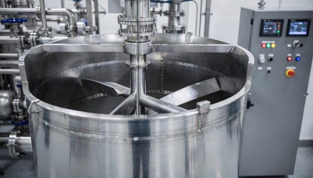 Close medium view of a singleline emulsion polymerization setup emphasizing the polished agitator blades within the stainless steel vessel and control panel indicators.