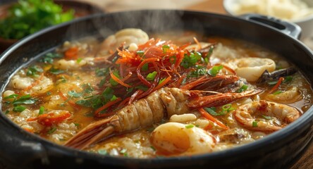 Savory Chinese seafood porridge baked in traditional casserole