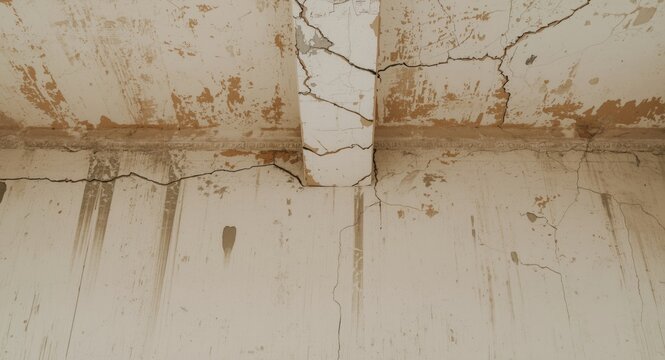Aged building facade featuring cracked plaster wall near ceiling junction