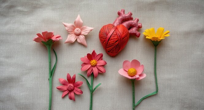 Paper mache heart and flower figures positioned on fabric for craft and art projects