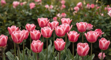 Fototapeta premium Pink tulips in radiant bloom paired with lush rose bushes in a garden
