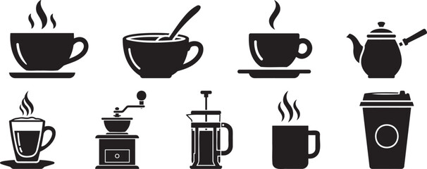 Obraz premium Coffee and tea drink icon set with cup kettle grinder french press and takeaway mug