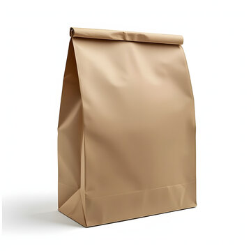 Blank brown paper bag mockup isolated on white background, eco-friendly food packaging or takeaway shopping bag concept.