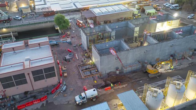 Drone Hyperlapse of Vertical Concrete Construction and Night Operations