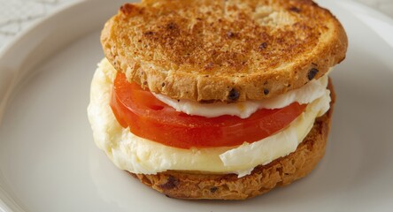 Savory egg sandwich layered with soft cheese and crisp tomato slice