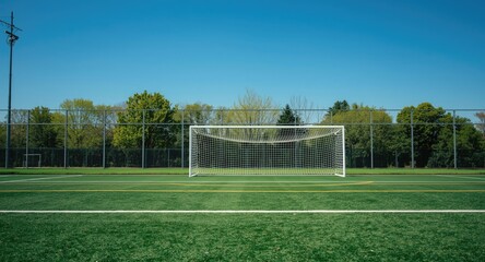 Fototapeta premium Empty soccer pitch featuring artificial turf goalpost and penalty area with copyspace for text