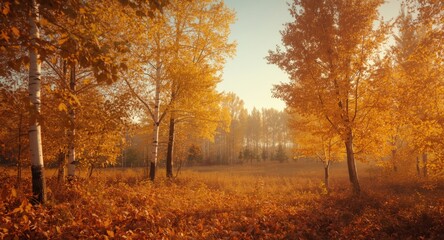Obraz premium Warm golden leaves of birch trees in an autumn landscape with old film charm