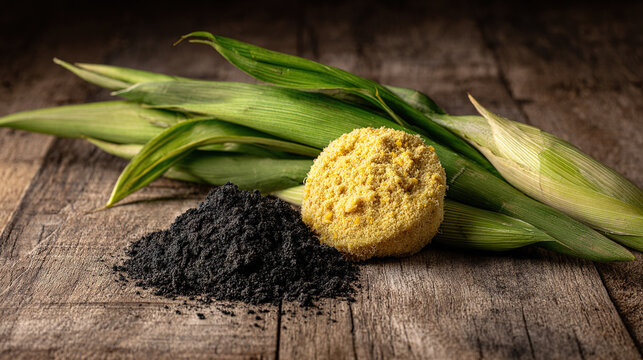 Freshly harvested corn cob with kernels and husks on wooden surface