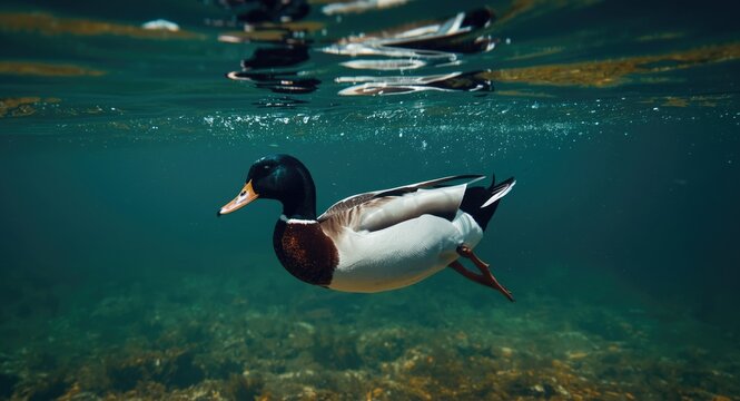 Natural spring scene with a Canvasback duck diving underwater
