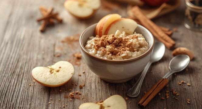Fresh apple cinnamon overnight oats presented with spoon and ample copyspace