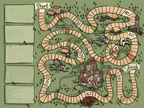 fantasy adventure board game map with castle, dragon and winding path. Hand-drawn, colourful, 200-step, dice rolling board game. 