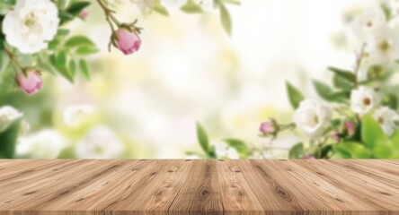 Fototapeta premium polished wood top with soft focus botanical backdrop and open area for pasting products