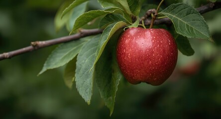 Obraz premium Red apple hanging on a strong tree branch