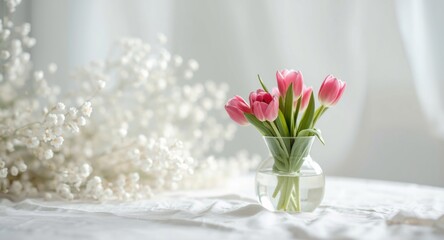 Obraz premium Pink tulips in a delicate small vase with soft white floral backdrop