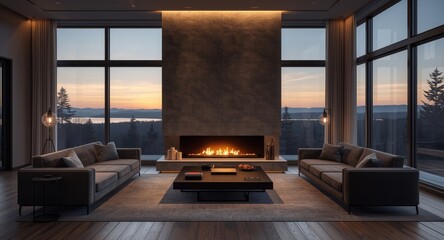 Fototapeta premium Refined living environment with a cozy fireplace and broad scenery