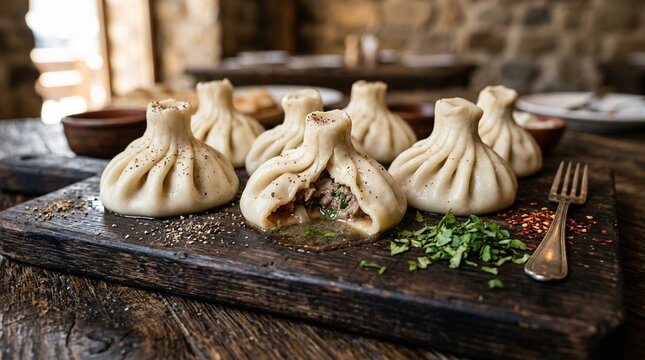 Close-up of Georgian khinkali dumplings with meat juice inside on dark board, no text, no logos, no faces, Caucasian street food concept for restaurant brand or culinary editorial, commercial use