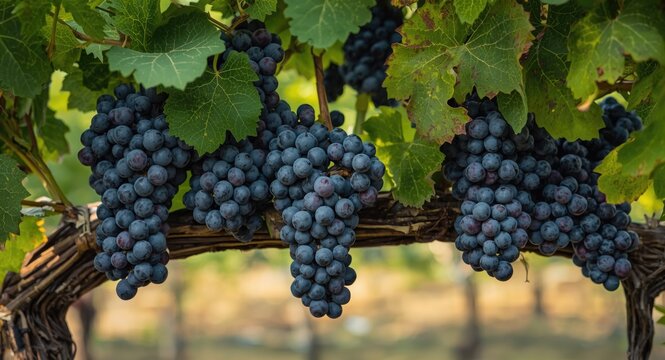 Fiber rich Corvina Veronese grapes hanging from a robust grapevine in vineyard rows