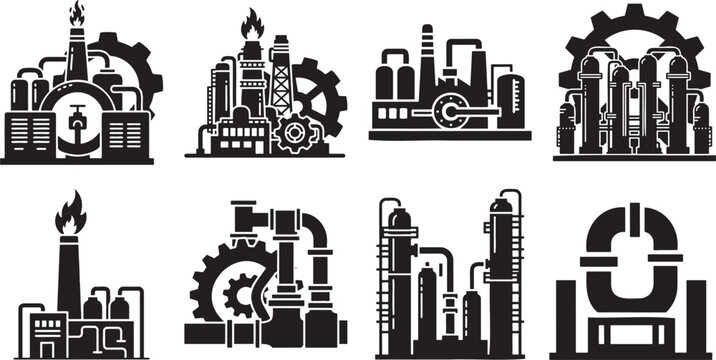 Industrial factory and manufacturing plant icon set with refinery pipeline machine gear and industry symbol