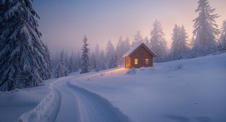 Obraz premium Gentle winter dusk with snowy path and snug cabin surrounded by snow