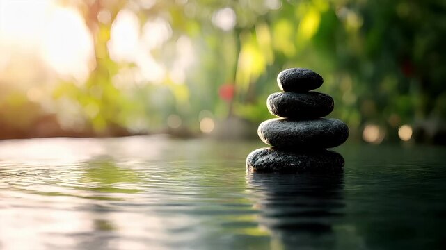 Therapy stress release treatment, health lifestyle. A tranquil scene of a stack of black pebbles balanced on top of each other in the water, illuminated by a soft, golden light.