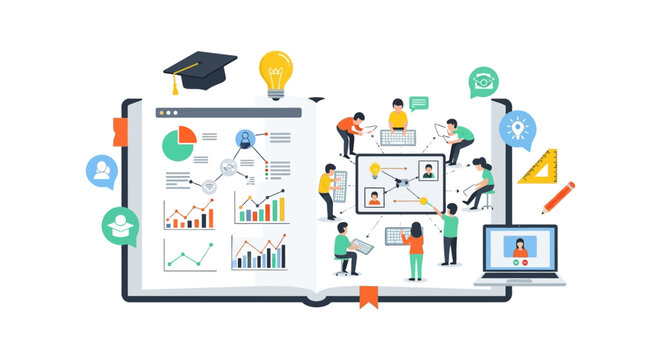 Digital Education and E-learning Concept. Team collaboration, knowledge sharing, and data analysis visualized on an open book platform.