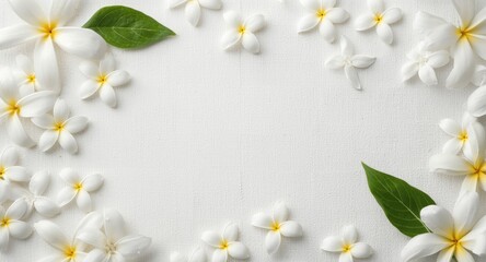 Obraz premium Fresh jasmine flowers scattered on a white grain background suitable for copy space