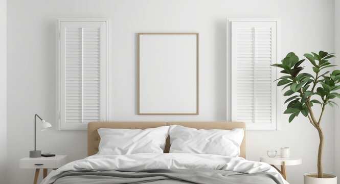 Mock up of a blank art frame in a contemporary bedroom with opened white shutters, bedside table, and leafy fiddle fig