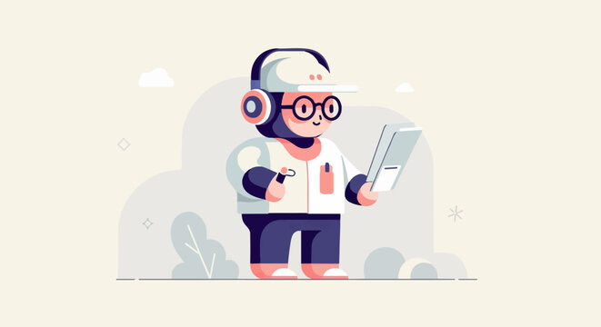 Cartoon character with headphones and glasses, holding a tablet and stylus