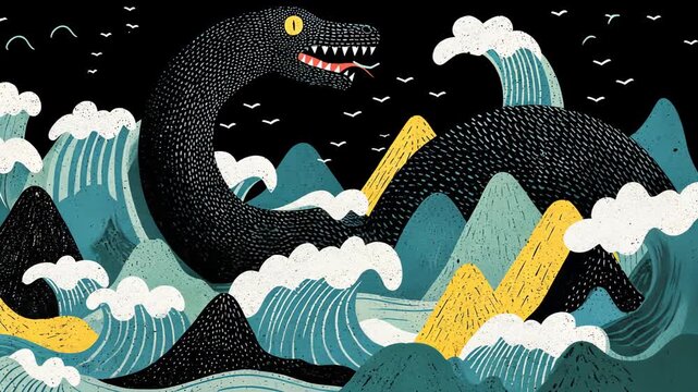 Legendary Black Serpent Sea Creature in Stormy Seas: Mythical Monster in Whimsical Cartoon Style Vector Art with Colorful Waves and Geometric Shapes
