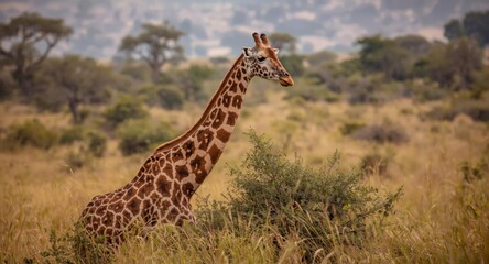 Obraz premium Giraffe peacefully feeding on tall plants with vigilant eyes