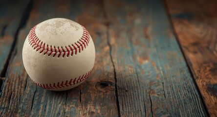 Naklejka premium Retro themed baseball positioned on weathered wooden surface with vintage overlay