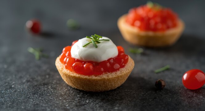 Red caviar snack featuring whipped cr&Atilde;&uml;me fra&Atilde;&reg;che and chive garnish
