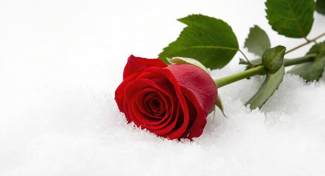 Lone red rose set against snowy white background expresses passion and romantic Valentine's theme