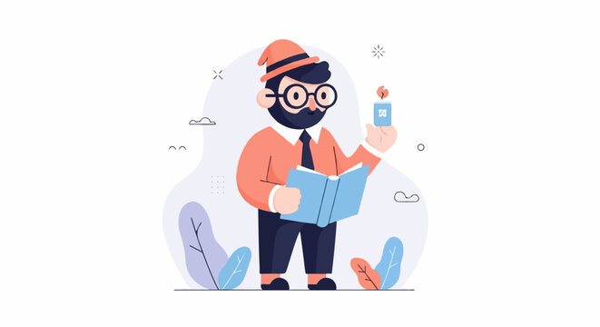 Bearded man in hat reading a book and holding a lit candle