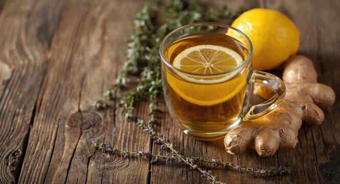 Natural herbal tea infusion with ginger lemon and thyme on vintage wood