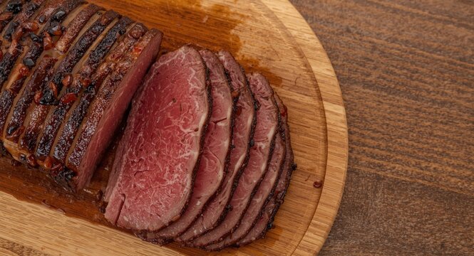 Sliced roast beef lunch meat with decorative red ribes on a wooden board pictured from above including copy space on the right