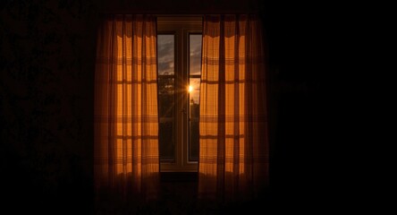 Fototapeta premium Retro style window radiating warm light through curtains after dark