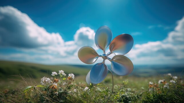 A metallic flower-shaped anemometer with spinning blades captures the wind outdoors under a bright blue sky with clouds