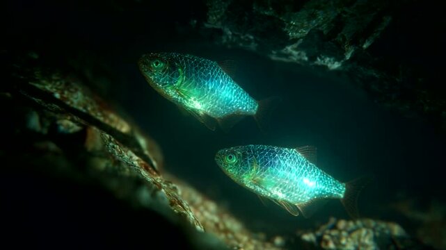 Two shimmering fish swimming in a dark underwater cave