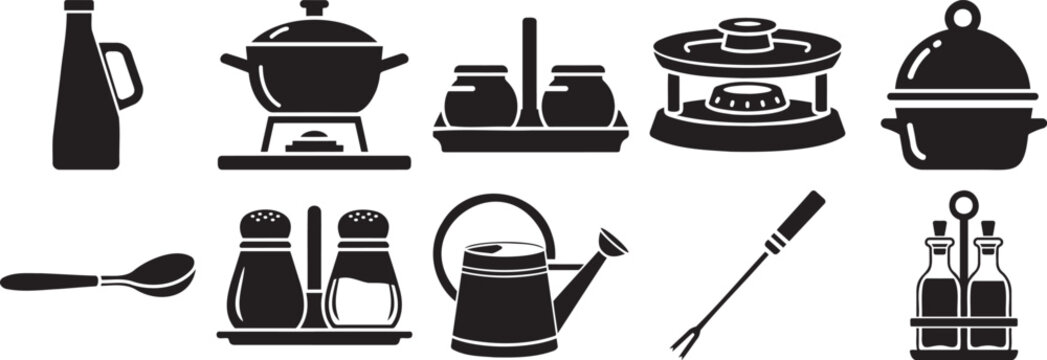 Kitchen cookware and condiment utensil icon set with pot spoon oil bottle salt pepper and fork symbol