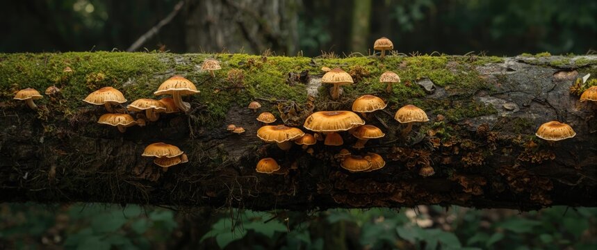 Fungal formations on forest tree trunk showing ecosystem decomposition and environmental balance