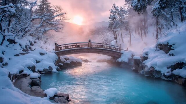Geothermal hot springs resort, spa, bath pool, winter relaxation vacation theme. A tranquil winter scene with a bridge spanning a river, surrounded by snowcovered trees and rocks.